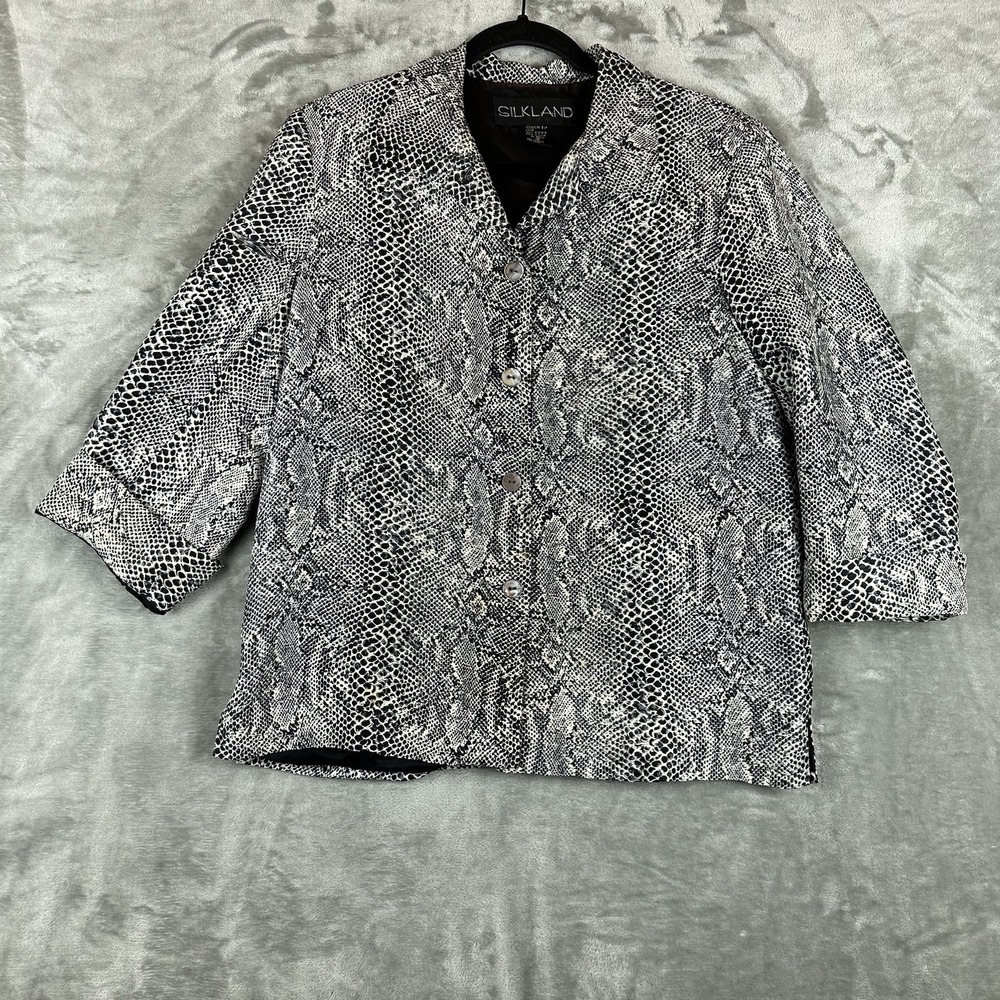 VTG Silkland Silk Blazer Women's 8 Black White Snake Print 3/4 Sleeve